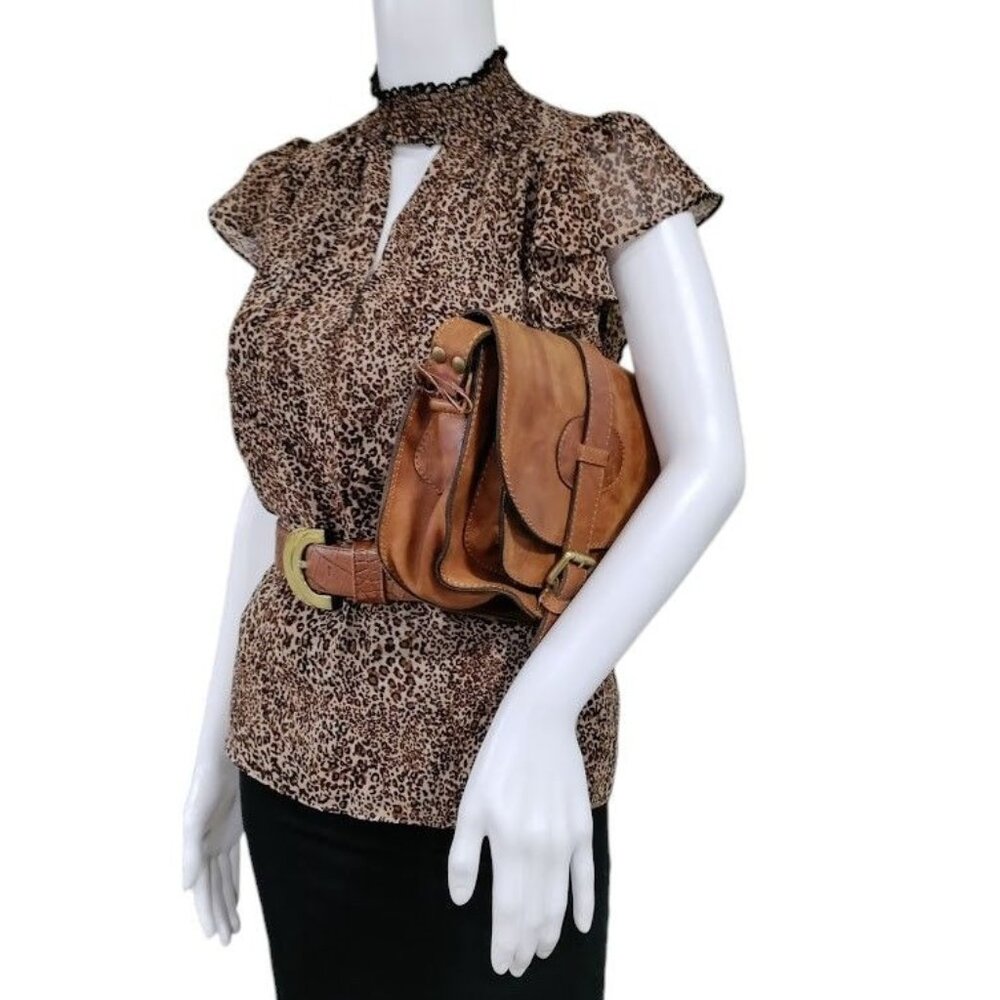 NWT 1State Cheetah Whimsy Blouse Top Short Fairy Sleeve VNeck Choker Style Small